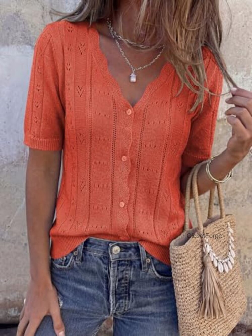 Women's Short Sleeve Crochet Knit Cardigan Sweater V-Neck Button Up Lightweight - Picture 3 of 6
